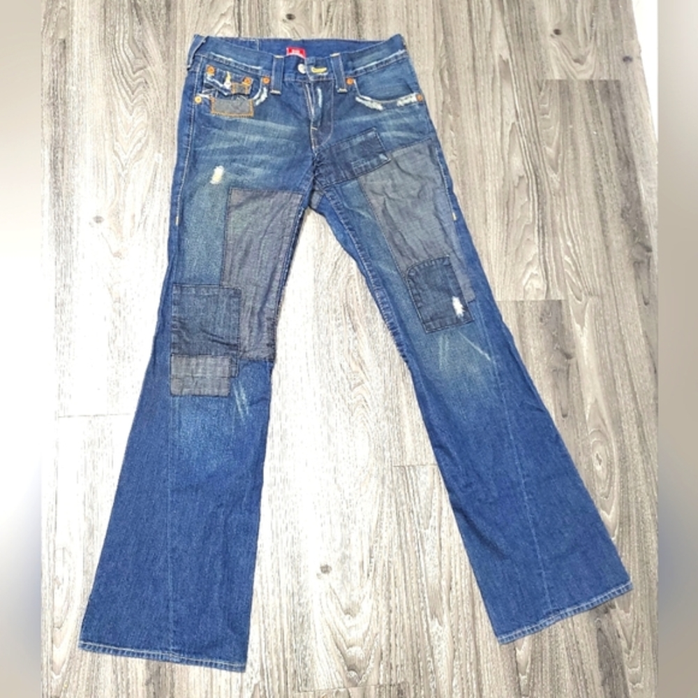 VINTAGE TRUE RELIGION FLARED JEANS - 32W UK 10 BLUE COTTON